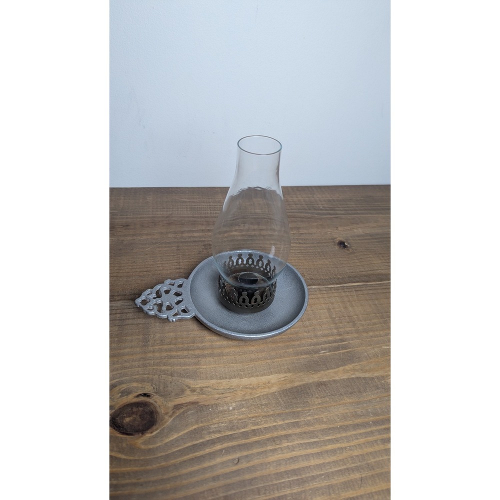 International Silver Co Pewter Finish Chamberstick Candle Holder Glass Hurricane